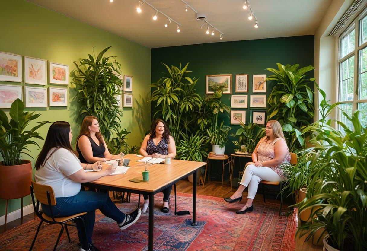 A sultry and inviting classroom setting filled with diverse adults engaged in passionate discussions about sensual education. Lush plants and soft lighting create a warm atmosphere while an array of educational materials on intimacy and empowerment adorn the walls. Subtle hints of art inspired by various cultures can be seen in the background, celebrating body positivity. Focus on the expressions of curiosity and empowerment among the participants. vibrant colors. soft focus. contemporary art style.