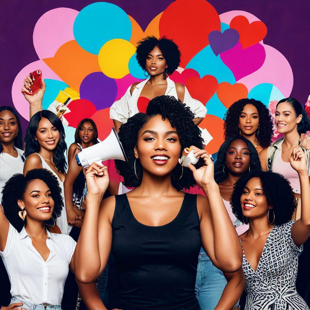 A vibrant collage illustrating the diverse aspects of the adult industry, featuring symbols of empowerment like a confident woman holding a megaphone, a diverse group of people discussing openly, and a heart symbol made from various sexual wellness products. The background should depict an urban setting with colorful lights, suggesting a nightlife vibe, while incorporating elements of nature like flowers to symbolize growth and understanding. This image should evoke a sense of inclusion, positive energy, and awareness. super-realistic. vibrant colors. urban setting.