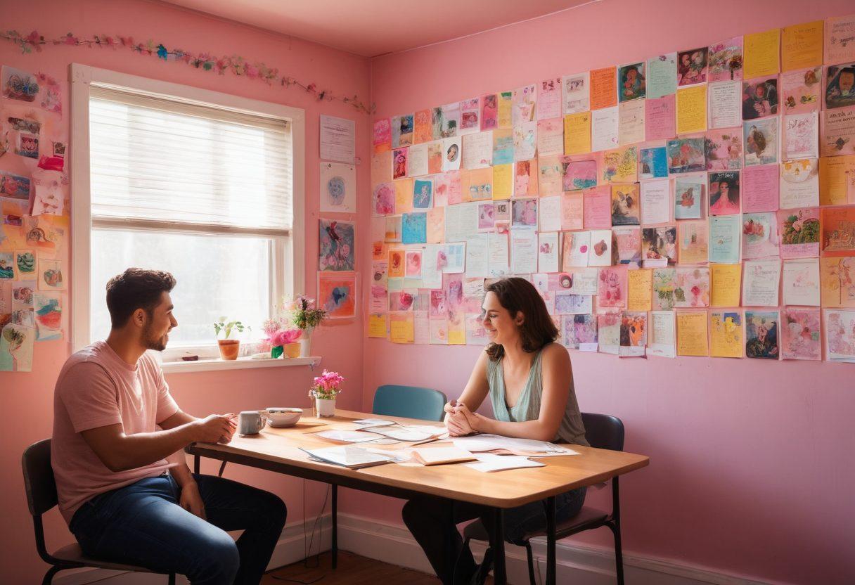 A vibrant, artistic representation of a diverse group of people engaging in open discussions about erotic education in a cozy, inviting classroom filled with colorful posters promoting sex-positivity. Incorporate symbols representing liberation, such as broken chains and blossoming flowers, blending with elements of joy and curiosity. The setting should feel warm and supportive, fostering a sense of community and acceptance. pastel colors. digital painting. vibrant colors.
